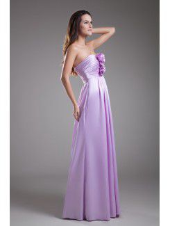 Satin Strapless Floor Length A-line Hand-made Flower Prom Dress