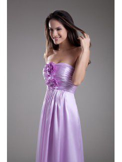 Satin Strapless Floor Length A-line Hand-made Flower Prom Dress