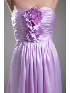 Satin Strapless Floor Length A-line Hand-made Flower Prom Dress