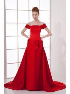 Satin Off-the-Shoulder A-line Chapel Train Bow Prom Dress