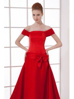 Satin Off-the-Shoulder A-line Chapel Train Bow Prom Dress