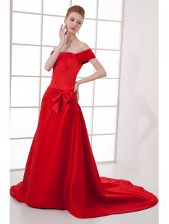 Satin Off-the-Shoulder A-line Chapel Train Bow Prom Dress