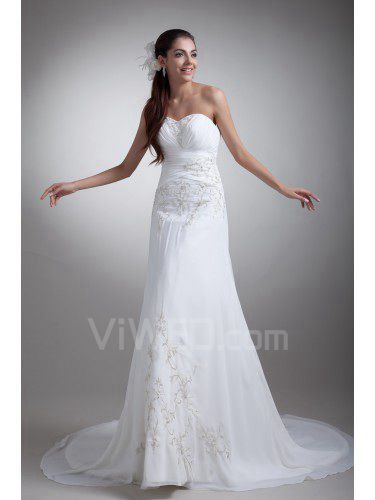 Chiffon Sweetheart Sweep Train Sheath Embroidered Wedding Dress