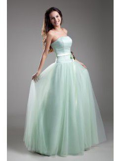 Net Strapless Floor Length A-line Sash Prom Dress