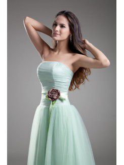 Net Strapless Floor Length A-line Sash Prom Dress