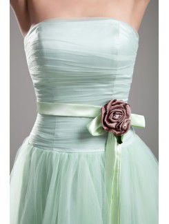 Net Strapless Floor Length A-line Sash Prom Dress