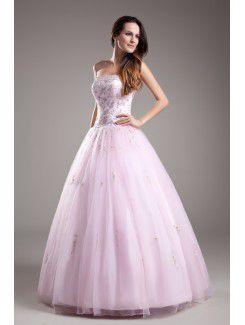 Net Strapless Floor Length A-line Embroidered Prom Dress