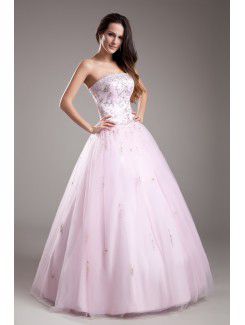 Net Strapless Floor Length A-line Embroidered Prom Dress