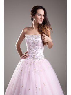 Net Strapless Floor Length A-line Embroidered Prom Dress