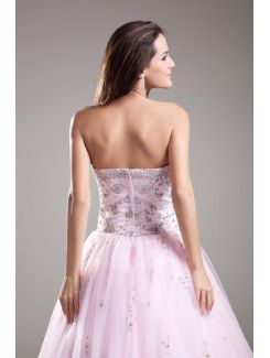 Net Strapless Floor Length A-line Embroidered Prom Dress