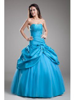 Taffeta Strapless Floor Length Ball Gown Embroidered Prom Dress