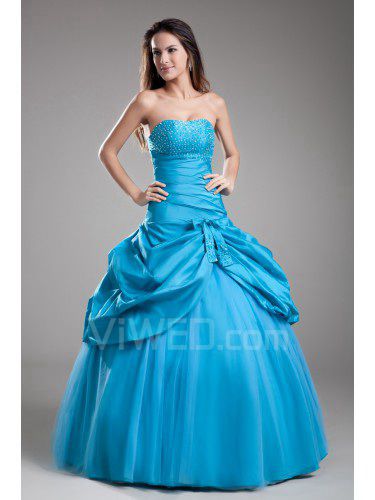 Taffeta Strapless Floor Length Ball Gown Embroidered Prom Dress