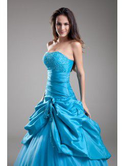 Taffeta Strapless Floor Length Ball Gown Embroidered Prom Dress