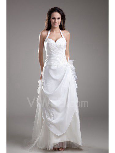 Taffeta Halter Floor Length A-line Embroidered Prom Dress