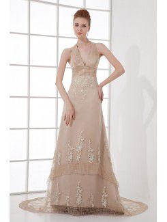 Organza decote v império linha de varredura trem bordado vestido de baile