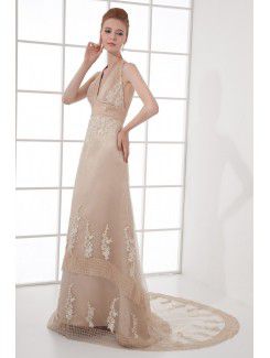 Organza V-Neckline Empire line Sweep Train Embroidered Prom Dress