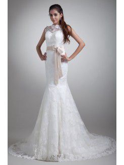 Satin and Lace Jewel Sweep Train Sheath Sash Wedding Dress