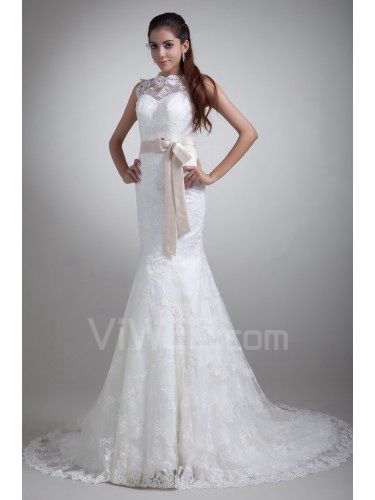 Satin and Lace Jewel Sweep Train Sheath Sash Wedding Dress