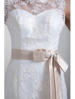 Satin and Lace Jewel Sweep Train Sheath Sash Wedding Dress