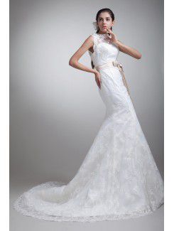 Satin and Lace Jewel Sweep Train Sheath Sash Wedding Dress