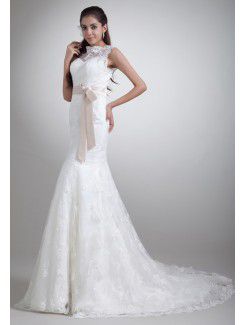 Satin and Lace Jewel Sweep Train Sheath Sash Wedding Dress