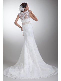 Satin and Lace Jewel Sweep Train Sheath Sash Wedding Dress