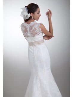 Satin and Lace Jewel Sweep Train Sheath Sash Wedding Dress