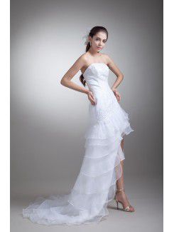 Organza Strapless Sweep Train Sheath Embroidered Wedding Dress