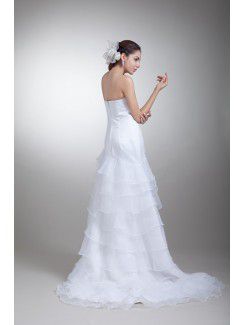 Organza Strapless Sweep Train Sheath Embroidered Wedding Dress