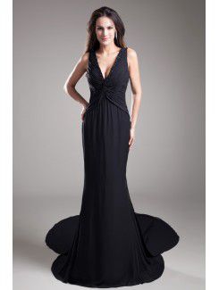 Chiffon V-Neck Chapel Train Sheath Embroidered Prom Dress