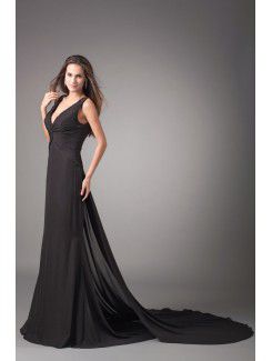 Chiffon V-Neck Chapel Train Sheath Embroidered Prom Dress