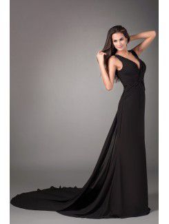 Chiffon V-Neck Chapel Train Sheath Embroidered Prom Dress