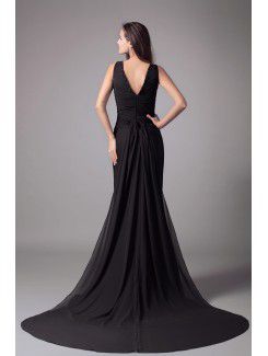 Chiffon V-Neck Chapel Train Sheath Embroidered Prom Dress