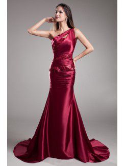 Satin Asymmetrical Sweep Train Sheath Embroidered Prom Dress