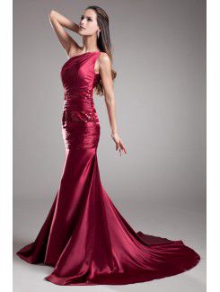 Satin Asymmetrical Sweep Train Sheath Embroidered Prom Dress