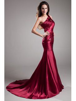 Satin Asymmetrical Sweep Train Sheath Embroidered Prom Dress