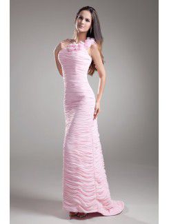 Chiffon Jewel Sweep Train Sheath Hand-made Flowers Prom Dress