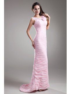 Chiffon Jewel Sweep Train Sheath Hand-made Flowers Prom Dress