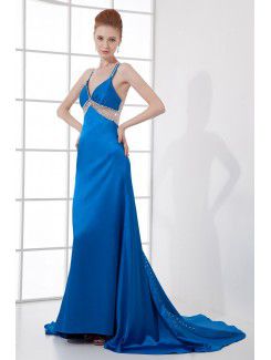 Satin V-Neckline Column Chapel Train Bead Prom Dress