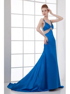 Satin V-Neckline Column Chapel Train Bead Prom Dress