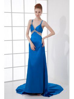 Satin V-Neckline Column Chapel Train Bead Prom Dress