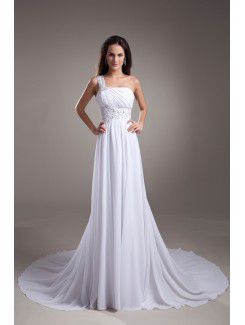 Chiffon One-Shoulder Chapel Train Empire Line Embroidered Prom Dress