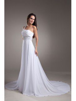 Chiffon One-Shoulder Chapel Train Empire Line Embroidered Prom Dress