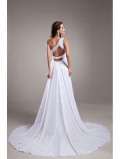 Chiffon One-Shoulder Chapel Train Empire Line Embroidered Prom Dress