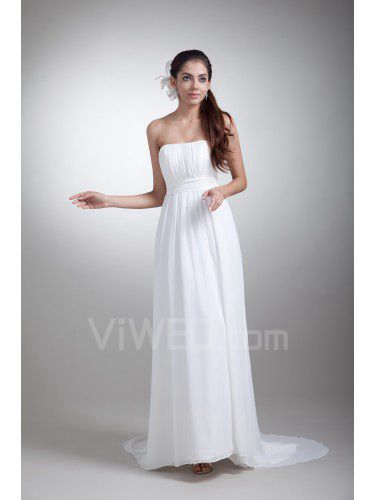 Chiffon strapless varrer trem vestido de noiva coluna