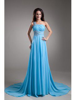 Chiffon One-Shoulder Chapel Train Column Embroidered Prom Dress