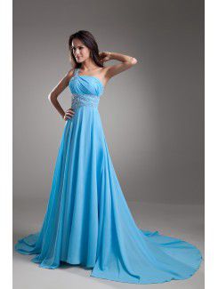 Chiffon One-Shoulder Chapel Train Column Embroidered Prom Dress