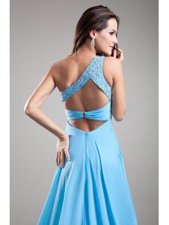 Chiffon One-Shoulder Chapel Train Column Embroidered Prom Dress