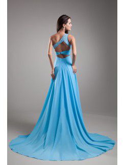 Chiffon One-Shoulder Chapel Train Column Embroidered Prom Dress