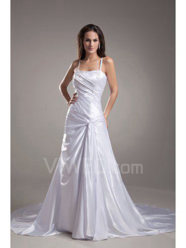 Satin spaghetti kapelle zug a-line bestickte ballkleid